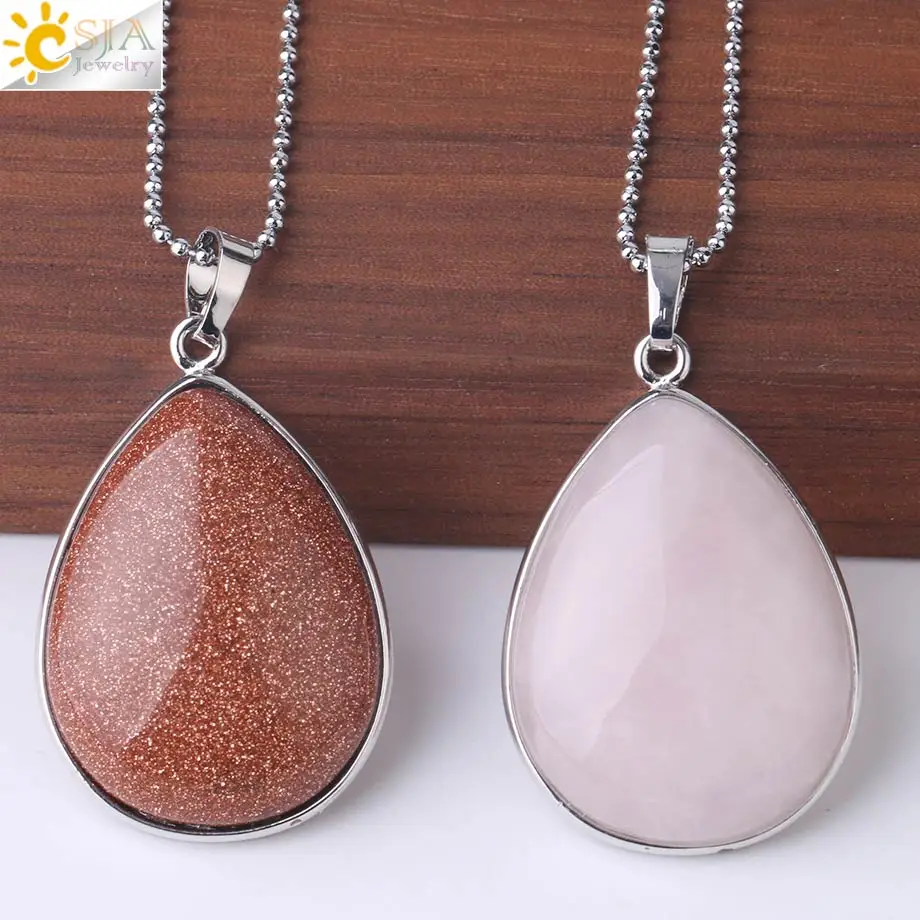 CSJA Natural Stone Pendants Tiger Eye Pink Quartz Purple Crystal Lapis Necklace Water Drop Flat Bead Women Healing Jewelry F982