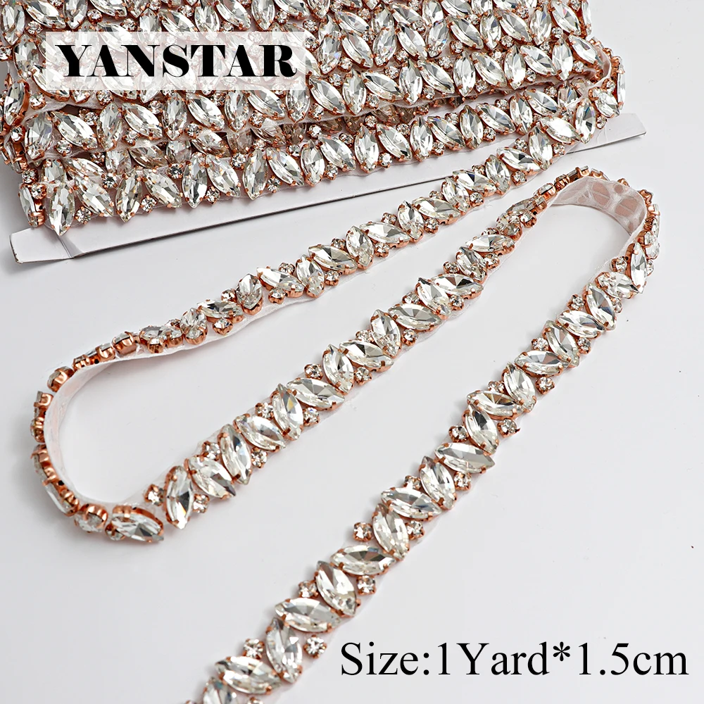 

YANSTAR Wholesale 10Yards*2CM Rhinestones Applique For Wedding Dress Clear Rose Gold Cry Applique For Bridal Sash YS968