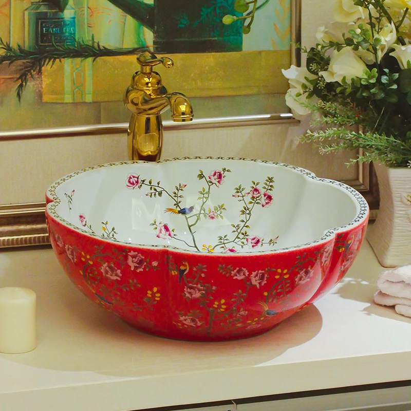 Red and white Jingdezhen Bathroom ceramic sink wash basin Counter Top Wash Basin Bathroom Sinks bird and flower
