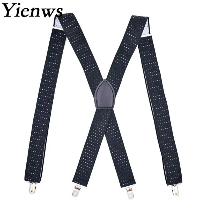 Yienws Bretels Mannen Black Dot Suspenders for Men 4 Clip Button Pants Brace Strap Male Elastic Suspensorio YiA053