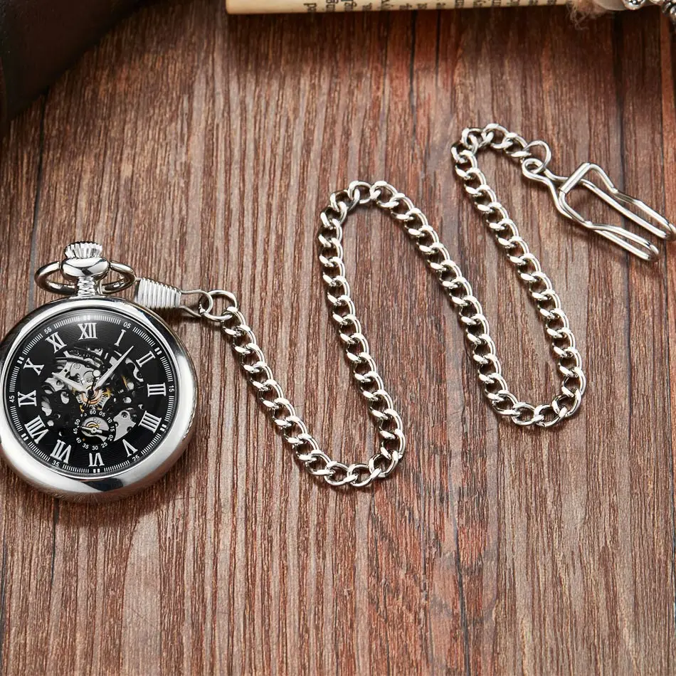 Steampunk Smooth Mechanical Pocket Watches Men Women Fashion Luxury Brand Hand Wind Necklace Pocket & Fob Watch Chain Silver