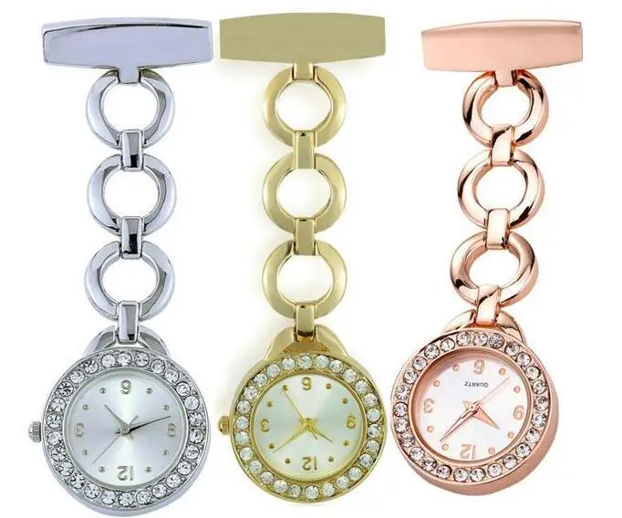 Fashion Full Crystal Dial Steel Nurses Pin  brooch hanging round pocket watch men and women's clock gift