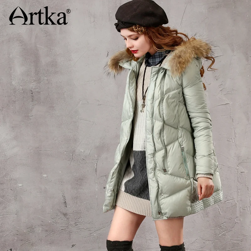 ARTKA Women Duck Down Coat Puffer Jacket 2018 Winter Parka With Fur Long Windbreaker Brand Raincoat Warm Outerwear Z910055D