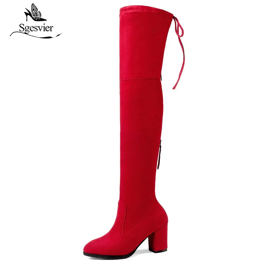 Sgesvier 2019 Women Boots Lace Up Over The Knee Boots Stretch Fabric Square High Heel Slim Fashion Ladies Boots Size 34-43 OX552