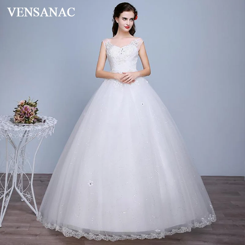 

VENSANAC Crystal Sweetheart 2018 Ball Gown Sequined Backless Wedding Dresses Lace Flowers Appliques Bridal Gowns