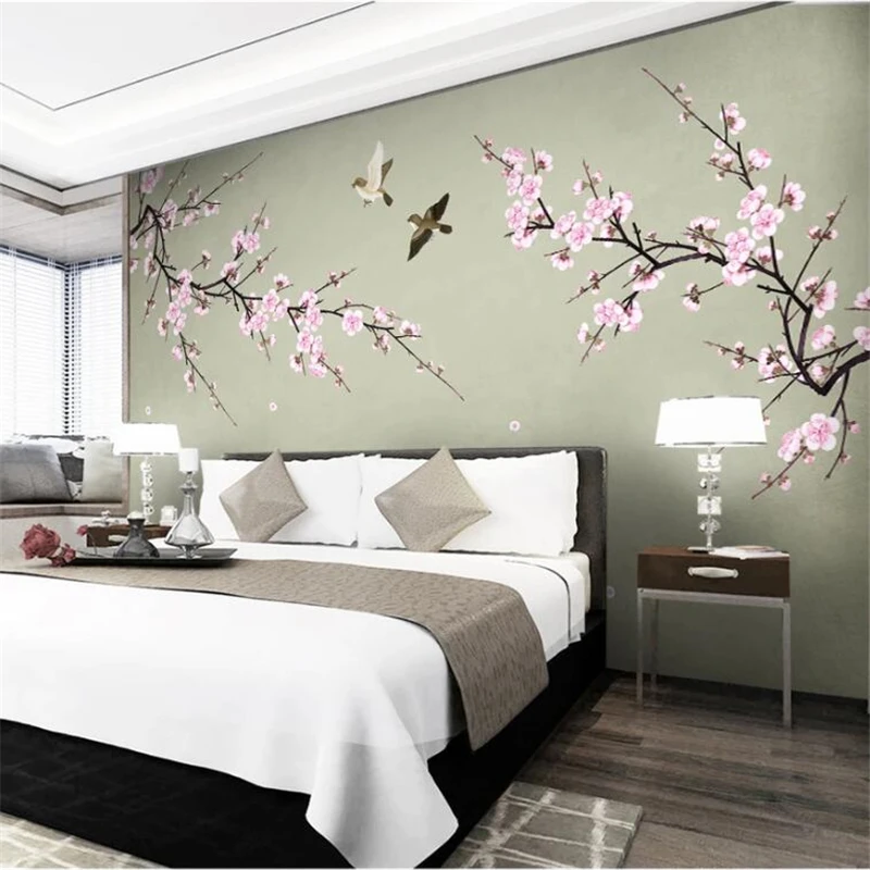 beibehang Custom wallpaper 3d murals new Chinese hand-painted plum blossom pen flower bird landscape TV background wall paper