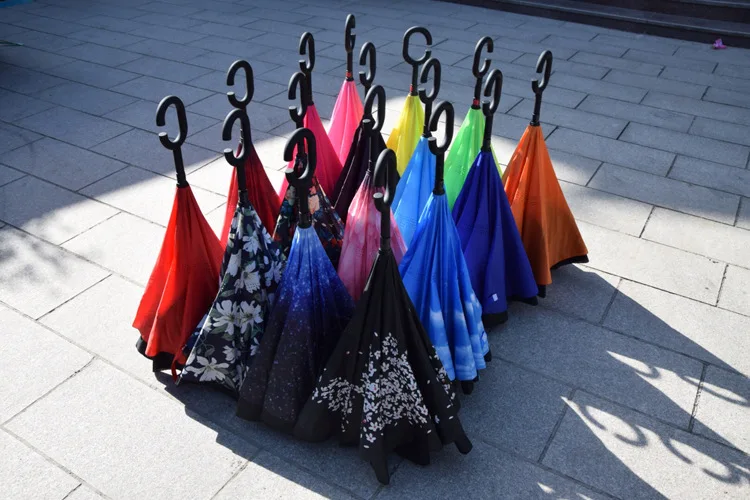 50PCS Inverted Umbrella Sun Rain Long-Handle Umbrella Reverse Windproof Umbrellas C Handle Enlarge Reinforcement Paraguas