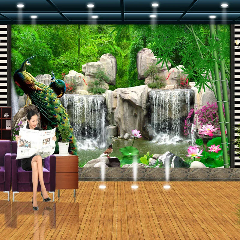 3D Wall Mural Natural Scenery Wallpaper Landscape Bamboo Forest Falls Peacock Bedding Room Decor 3D Wall Paper TV Background