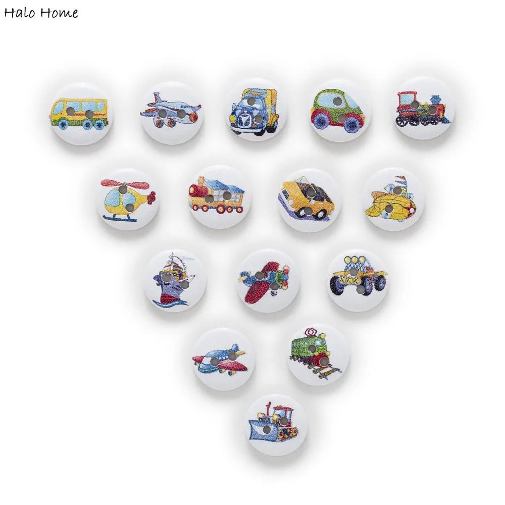 50pcs Mixed Transportation 2 Hole Cartoon Traffic Round Wood Buttons Home Sewing Scrapbooking Clothing Decor 15mm