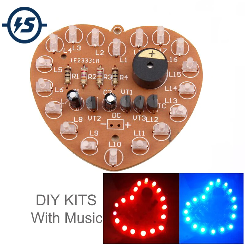 Zestaw DIY muzyka Flash zestawy oświetleniowe 18 diod led w kształcie serca czerwony niebieski dwukolorowy miga z okazji urodzin prezent muzyczny elektroniczne części zabawy