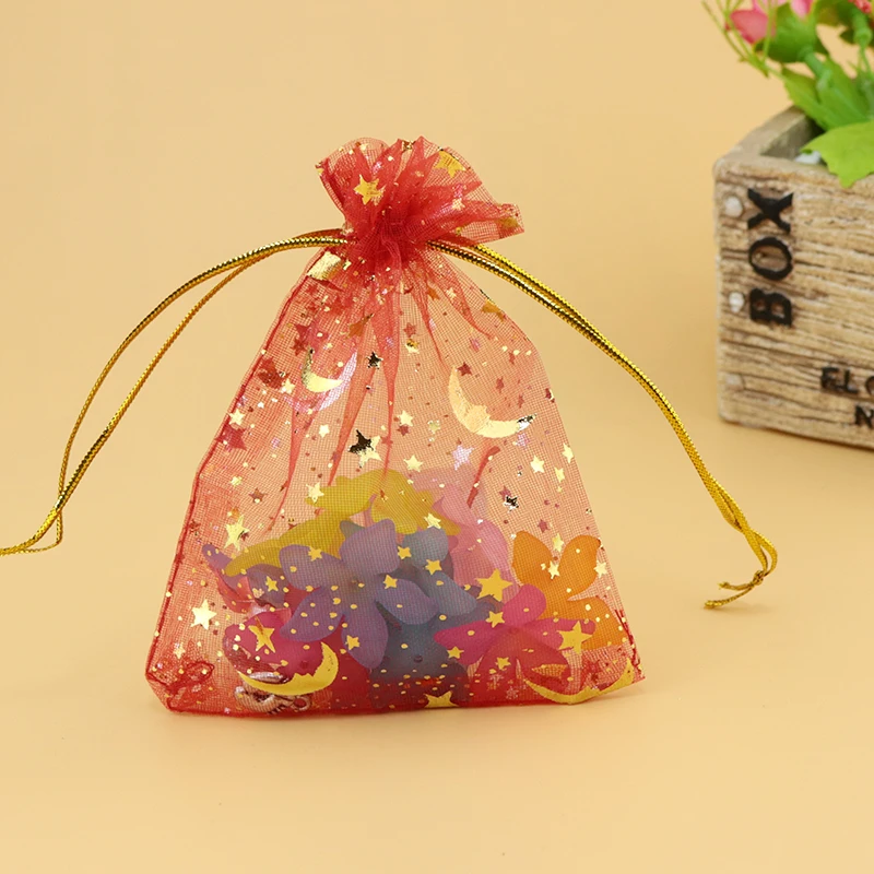 100pcs 7x9cm Drawable Organza Bags Star Moon red color Wedding Christmas Gift Bag Jewelry Packaging Bags Pouches