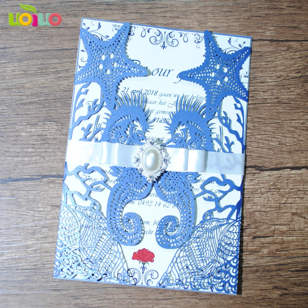 Popular Beach Theme Wedding Decoration Invitation Card Laser Cut Seahorse and Starfish Party Guest Invitation Cards 10sets