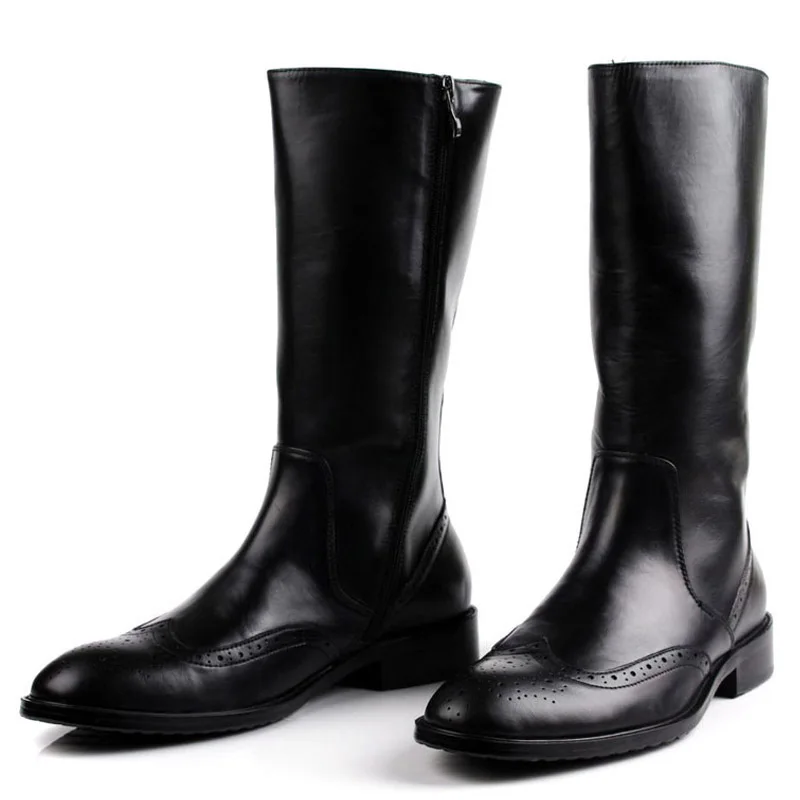 Italian Winter Mens Knee High Motorcycle Riding Boots Brogue Luxury Genuine Leather Boots Black High Top Shoes Male Knight Boots