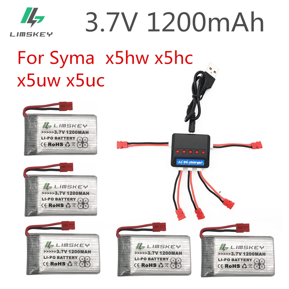 3.7V 1200mAh Lipo Battery For Syma X5uw x5uc x5hw x5hc RC Quadcopter Upgrade Capacity 3.7 V 1200 mAh Battery With 5 in 1 Charger