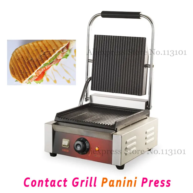 Commercial Panini Grill Sandwich Maker Contact Grill Electric Griddle with Single Head Groove Plates