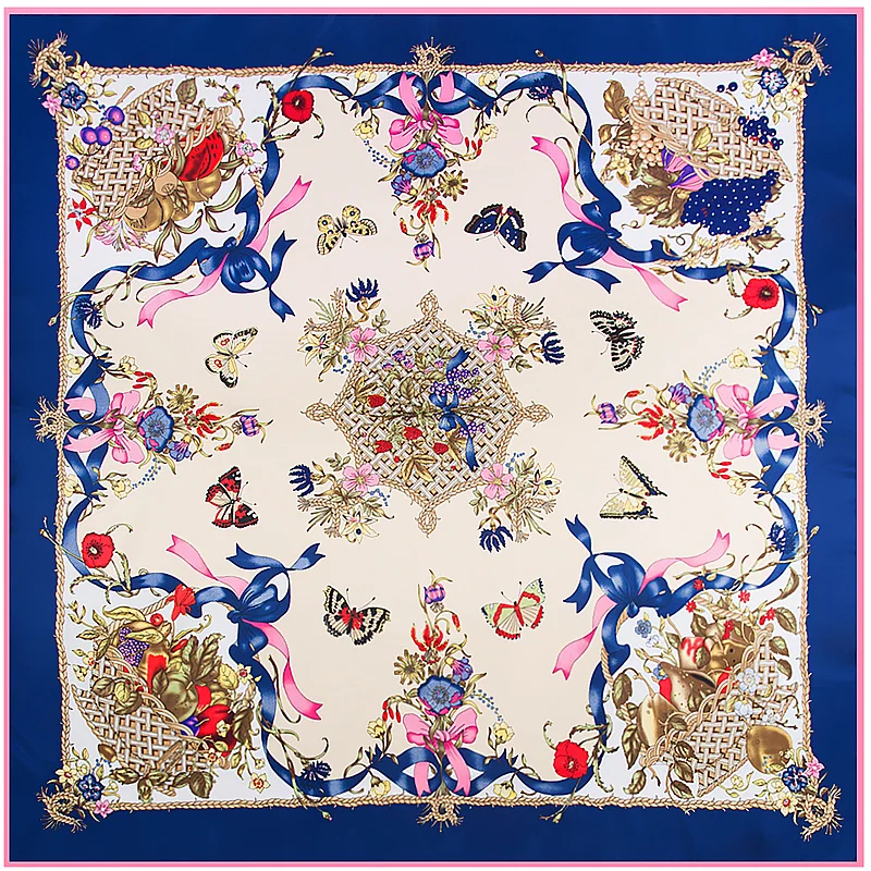 

POBING 100% Twill Silk Scarf Women Luxury Designer Butterfly Print Square Scarves Wraps Large Shawls Silk Stoles 130*130CM