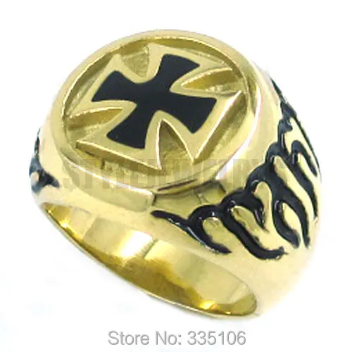 Free Shipping! Gold Plated Flame Cross Ring Stainless Steel Jewelry Gothic Punk Cross Men Ring SWR0140