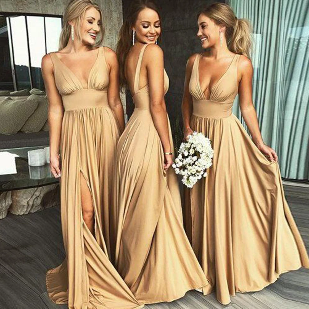 2019 cheap bridesmaid dresses sexy deep v neck side slit floor length chiffon long maid of honor dresses wedding party dress