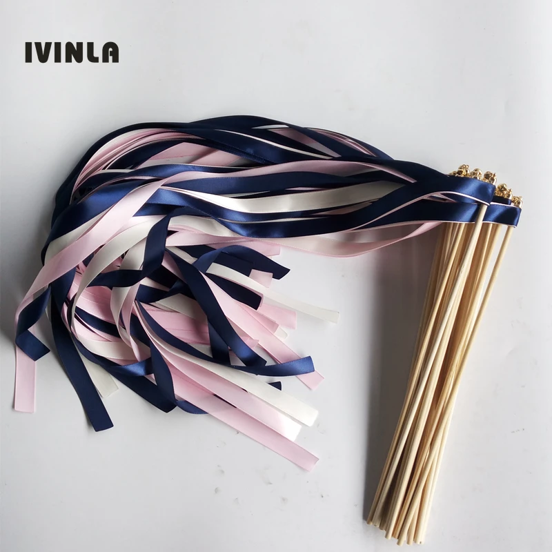 50pcs navy pink and grey wedding ribbon wands with sliver bell for wedding decoration