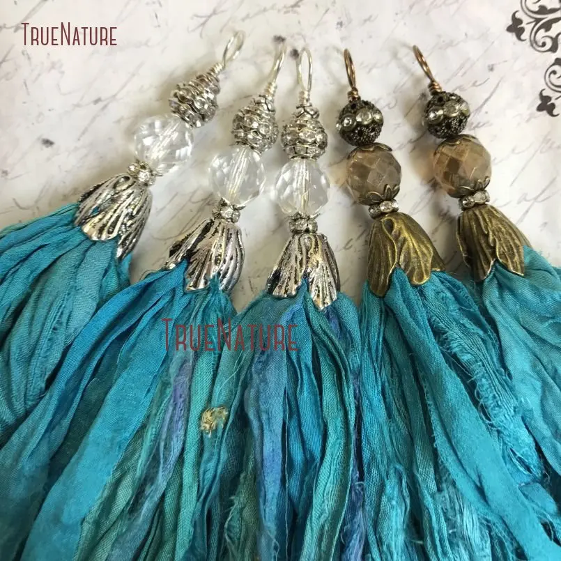 Turquoises Blue Sari Silk Tassel Pendant Bohemian Antique Brass Color Or Silver Plated Flower Bead Cap PM9946