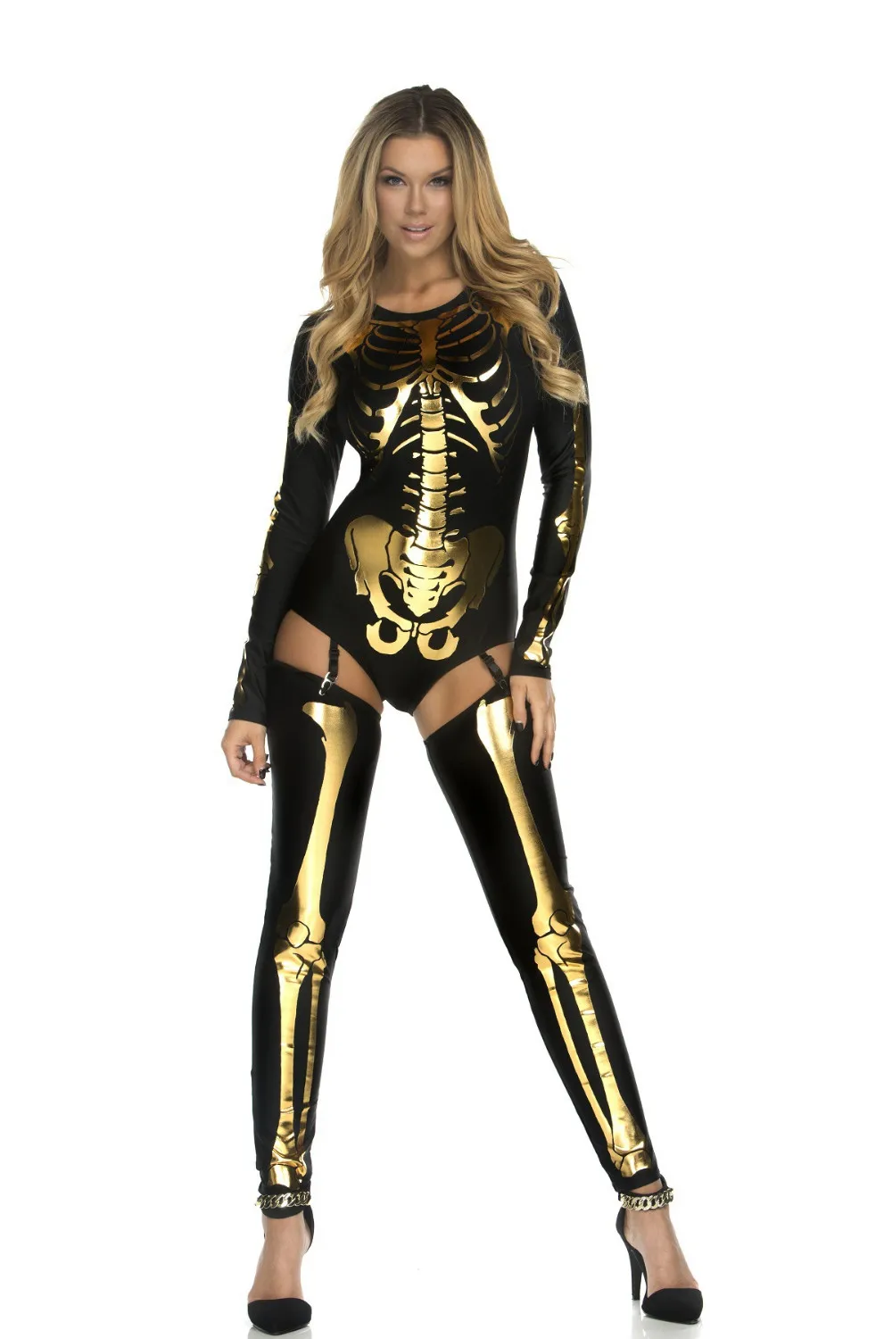 Female Human Bone Costume Scary Halloween Costumes For Women Skeleton Skull Bodysuit+Socks