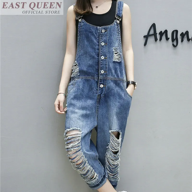 Jumpsuits women 2019 denim solid hole jeans overalls for women elegant loose chiffon ankle-length pants jumpsuit rompers DD570 L