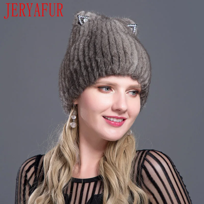 JERYAFUR Fashion Mink Fox Fur Hat Winter Women Cat Ears Style Cute Mink Fur Cap Ski Cap Fur Cap