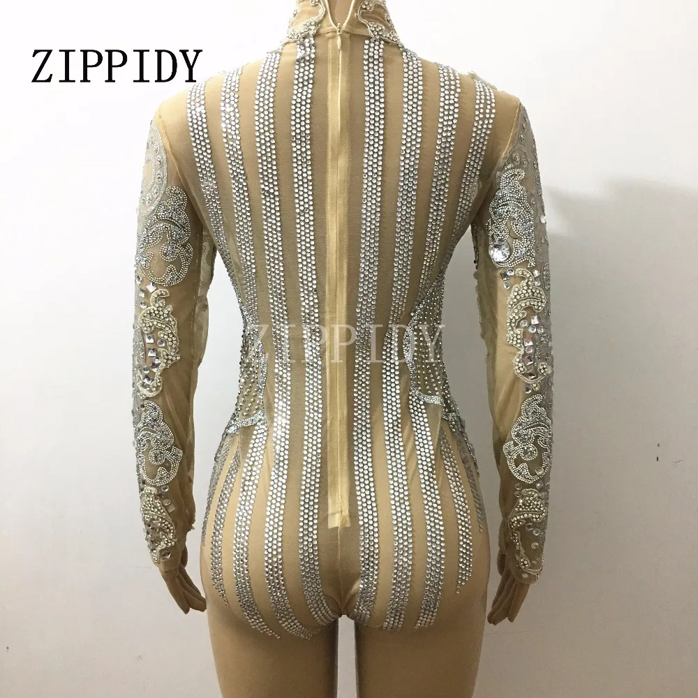 Silver Glisten Rhinestones Leotard long Sleeves Belt Outfit Performance Party Celebrate luxurious Costume Bodysuit Clothing