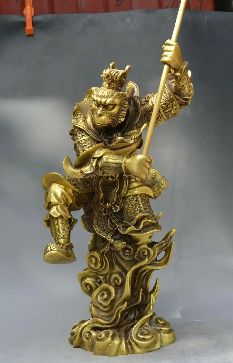 Famous Chinese Pure Bronze Xiyouji Monkey King Sun Wu kong Wukong Stick Statue