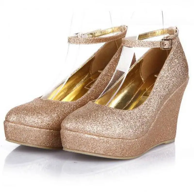 High Heeled Wedding Shoes Women Wedges Shoes Fashionable Gold Red Platform Wedding Shoes Bride