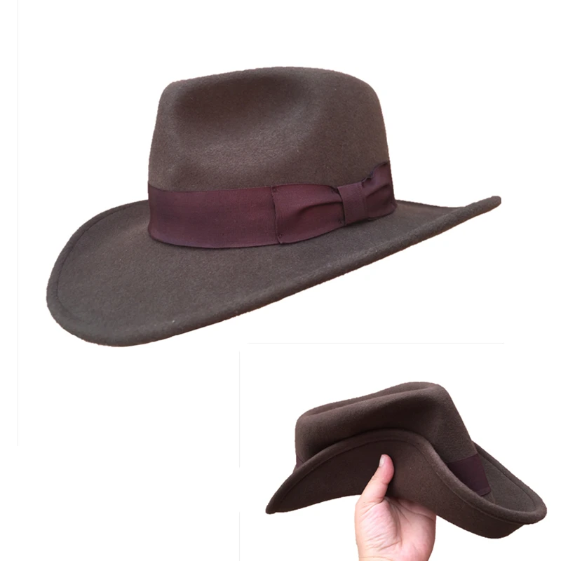 Wool Felt Brown Fur Crushable Cowboy Fedora Hats Indiana Jones Outback Hat -Strong Package