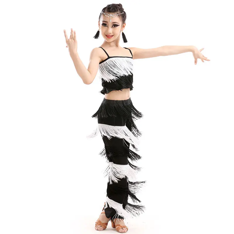 Nieuwe Kinderen Bachata Latin Dans Kostuums Meisjes Ballroom Tango Salsa Latin Danswedstrijd Kostuum Fringe Broek Tops