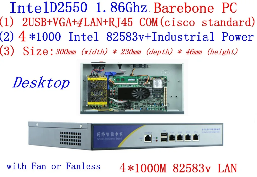 Atom D2550 Firewall Server Dual Core 1.86 GHz Mode Desktop 4 * Intel 82538 V 1000 M Dukungan Jaringan Pfsense, wayos Barebone PC