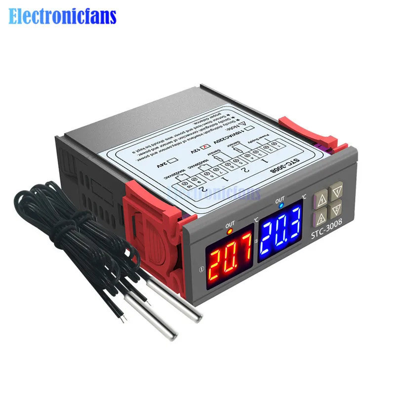 STC-3008 DC 12V 24V AC 110V 220V Dual Digital Temperature Controller Two Realy Output Thermostat Thermoregulator with Sensor