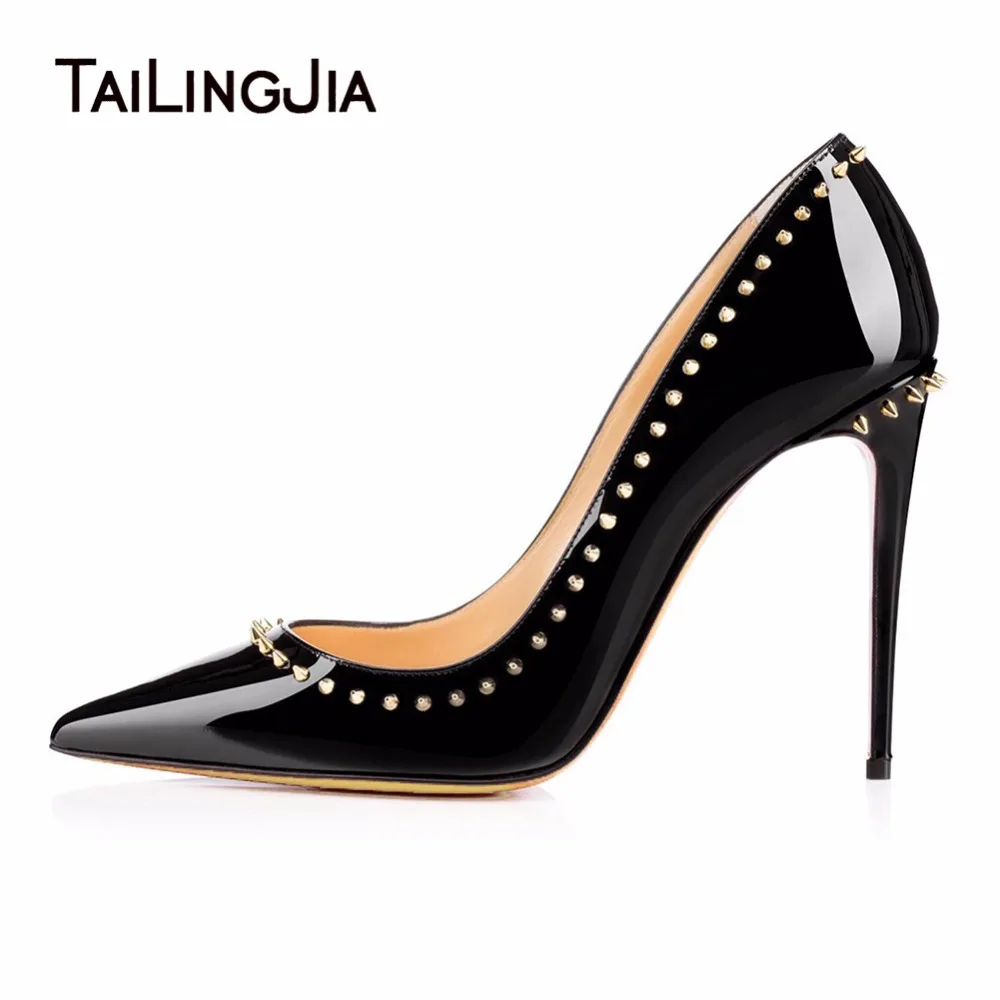 

Studs Pointed Toe Woman Pumps High Heels Ladies Slip On Party Shoes With Rivets Patent Leather Individualistic Stilettos Heeled