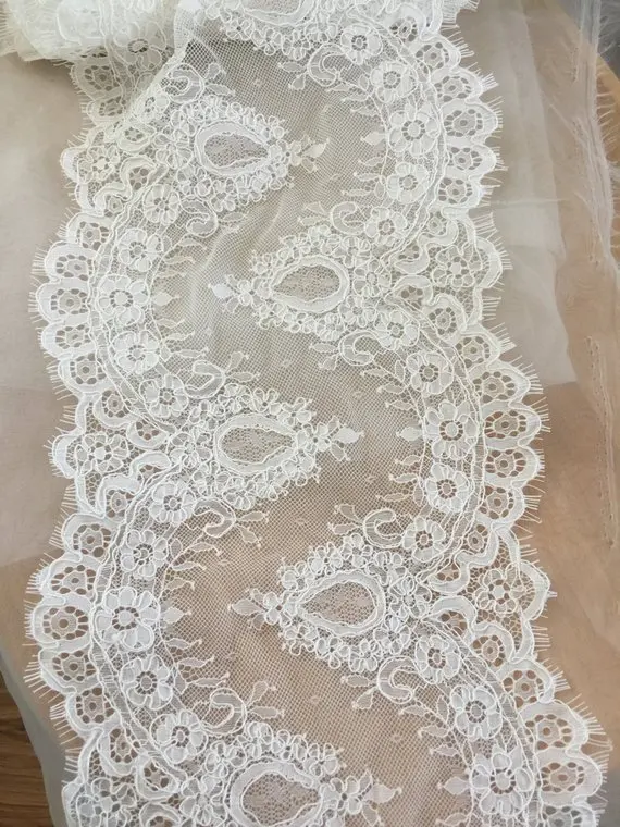 3 Yards Off White Bridal Veil Frehcn Alencon Lace Fabric Trim , Eyelash Wedding Cape Lace Shrug Overlay Bolero 22cm Wide