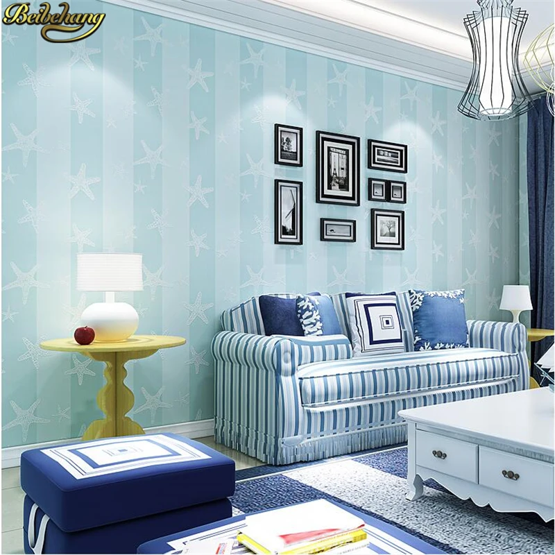 

beibehang Blue Mediterranean papel de parede Bedroom full of fresh starfish vertical stripes wallpaper Living room wall paper