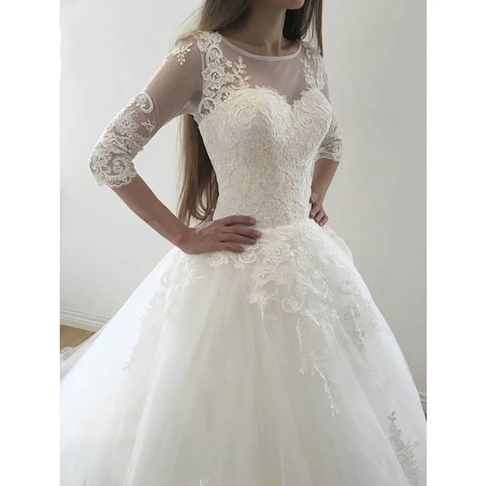 Vestido De Noiva Princess Ball Gown 3/4 Long Sleeves Lace Wedding Dress 2019 Cheap Lace Up Back Pearls Buttons Robe de Mariee