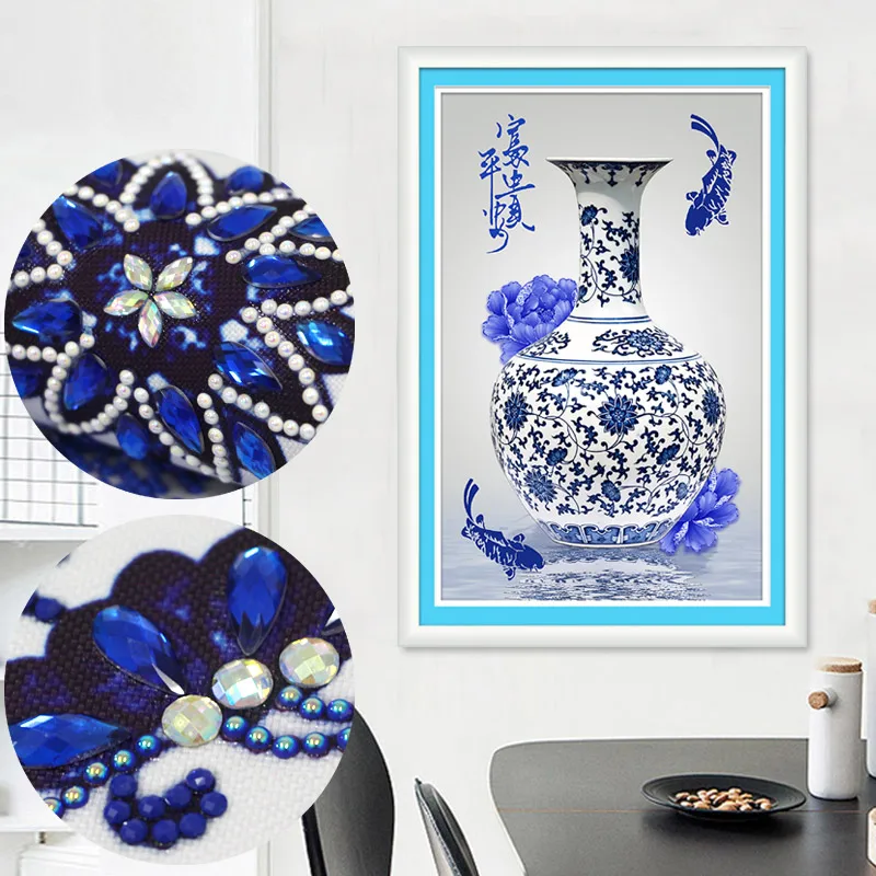 Special Shaped Drill Chinese The blue and White Porcelain Vase Painting 5D Diamond Cross Stitch Paste Stones Mosaic New