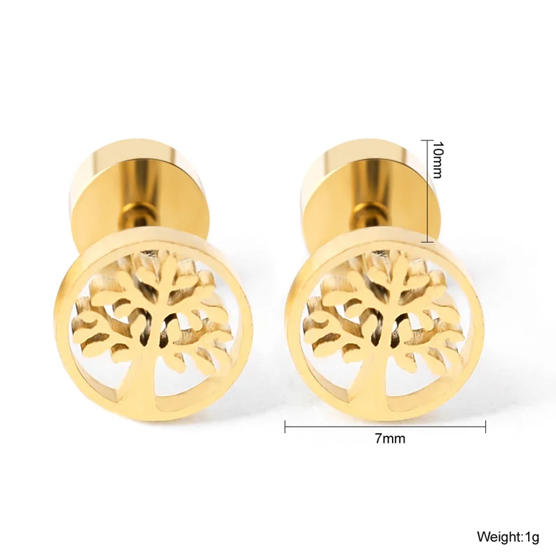 Simple Double Sided Gold Color Stainless Steel Ear Stud Cuff Earrings for Women Men Trendy Hollow Tree of Life Earrings Ears