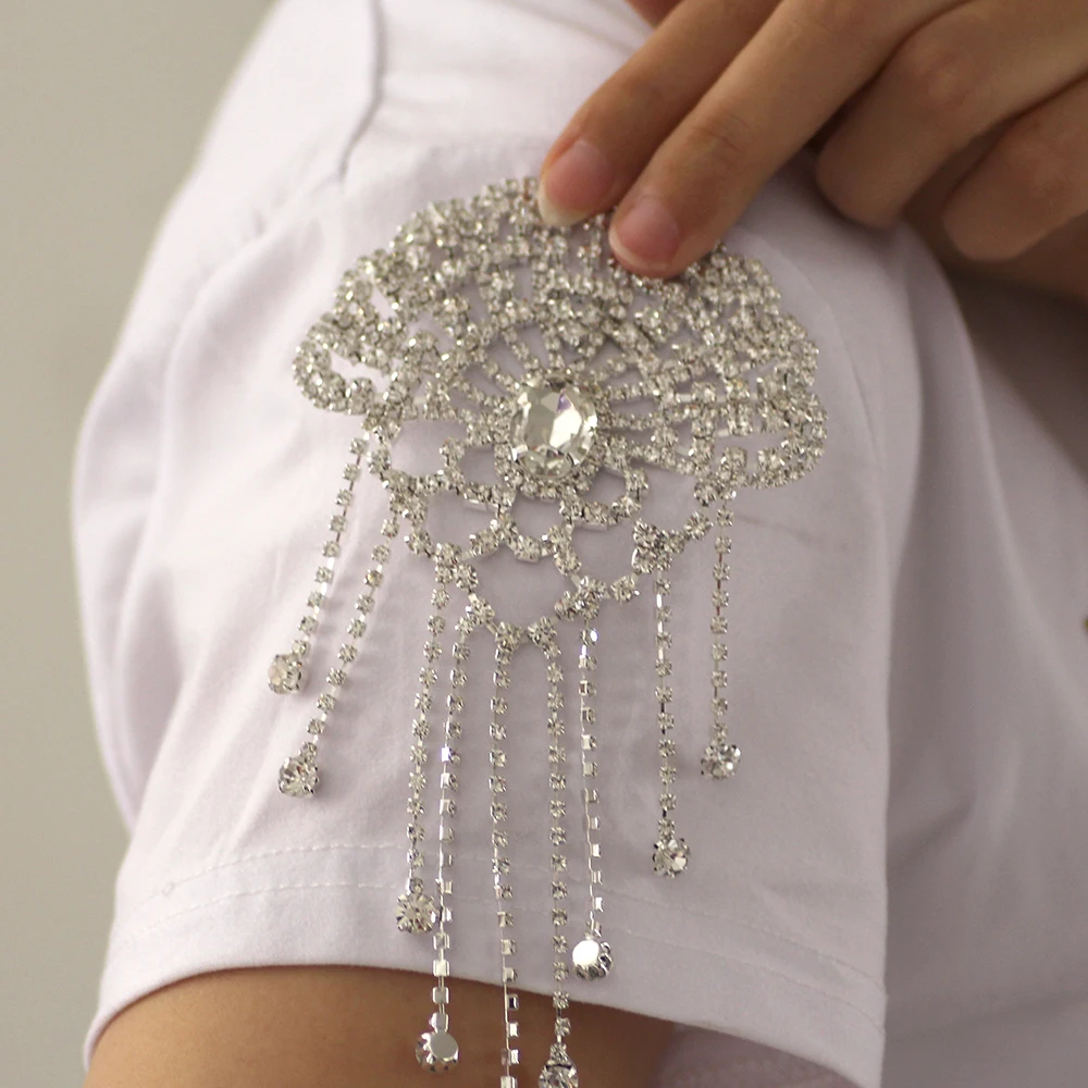 Flower shape crystal clear rhinestone applique rhinestone shoulder chain with tassel wedding dress decoration DIY sew on stone