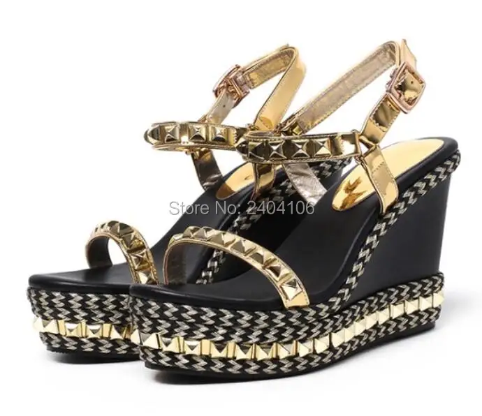 

Sandalias Mujer 2018 Black Gold Spiked Summer Shoes Open Toe Gladiator Platform Sandalet Plus Size Rivets Wedge Sandals Women