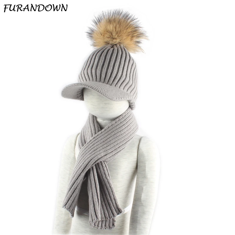 

Children Fur Pompom Hat And Scarf Set Warm Knitted Baseball Caps Baby Kids Winter Hats Girls Boys