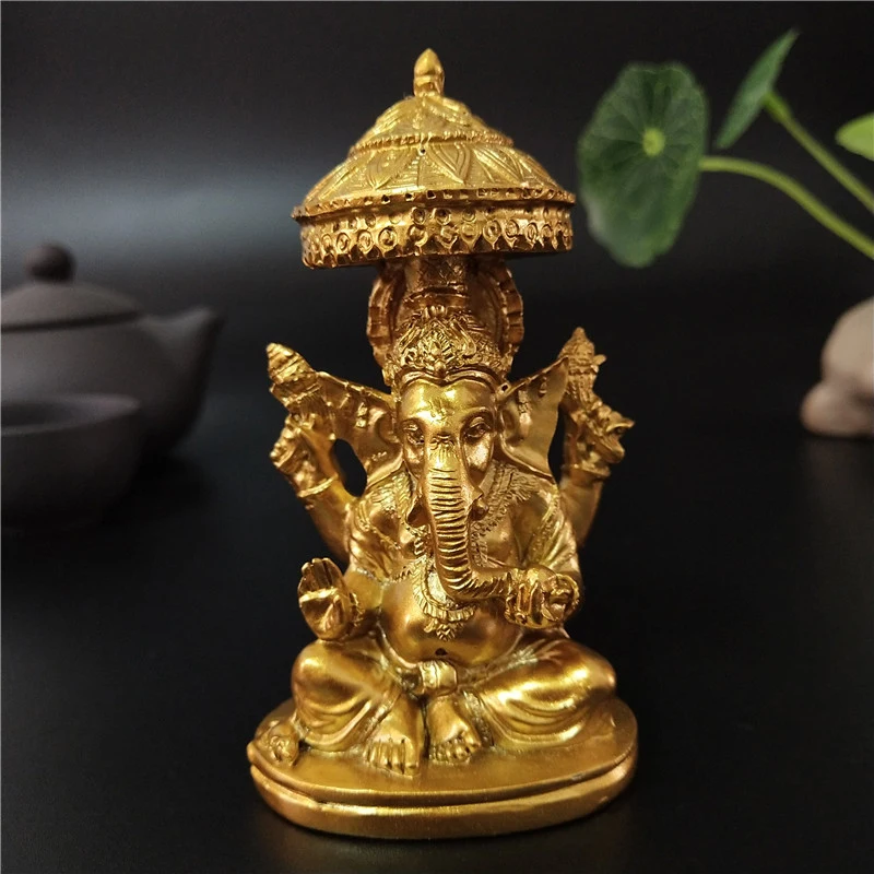 Golden Lord Ganesha Buddha Statue Elephant Hindu God Sculptures Figurines Home Garden Decoration Ganesh Statues For House