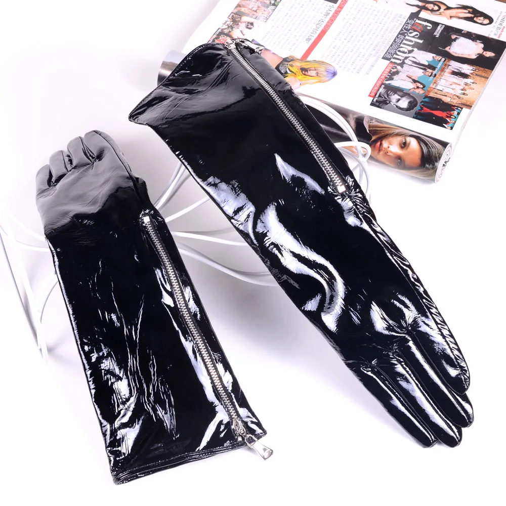 30 40 50 60 70 80cm Women\'s Ladies Genuine leather Shiny Black Patent Leather Zipper Gloves Party Evening Opera/long gloves