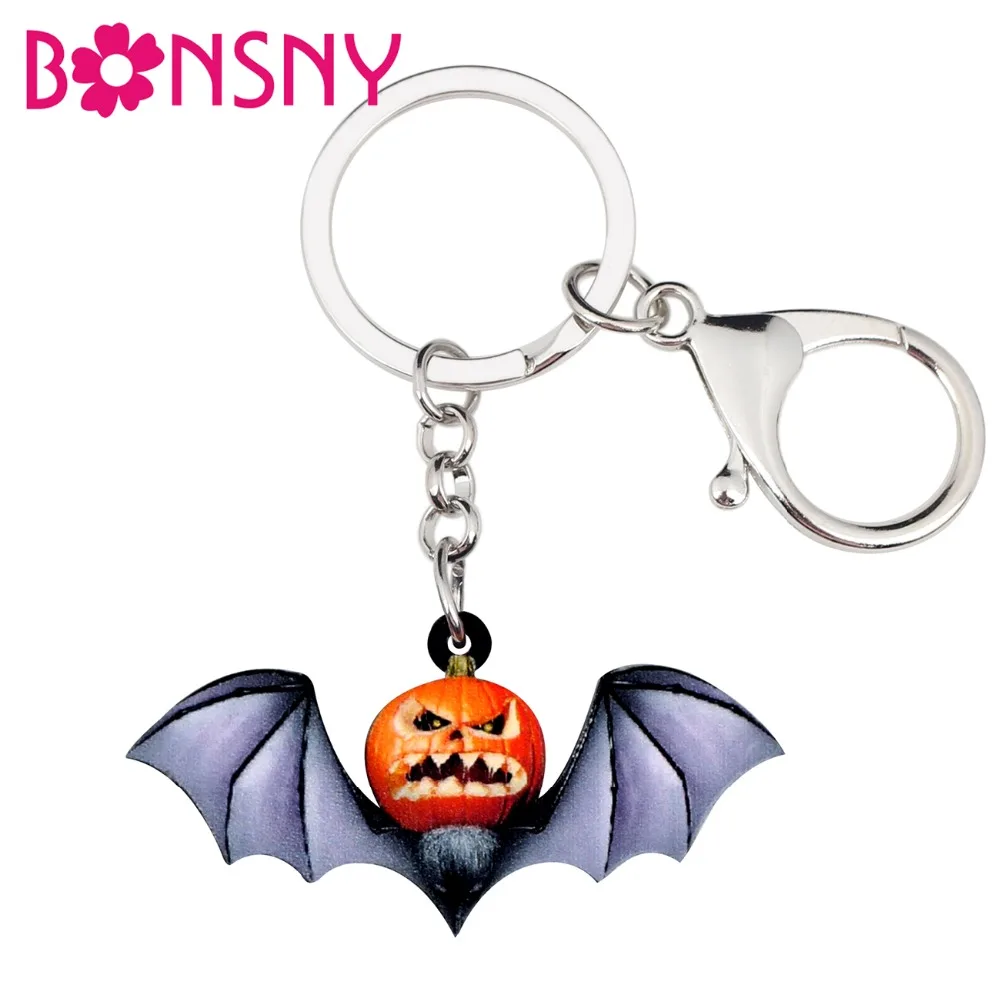 Bonsny Acrylic Halloween Angry Pumpkin Bat Key Chain Keychain Ring Cartoon Decoration Jewelry For Women Girls Teens Accessories