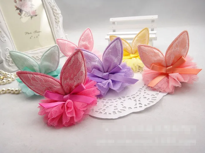 Boutique 30pcs Fashion Cute Lace Rabbit Ears Hairpins Kawaii Solid Gauze Hair Bow Animal Ears Hair Clips Princess Headwear