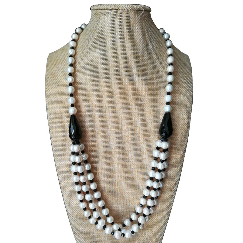 

28 inches Three Rows 9-10mm High Luster Natural Round Freshwater Pearl and Black Onyx Necklace with JumpRing Clasp