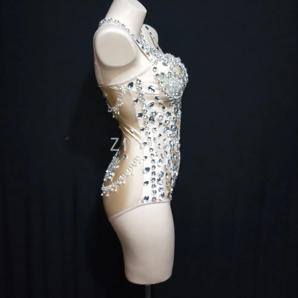 Sparkly Zilver Grote Strass Bodysuit Verjaardag Vieren Avond Party Outfit Zangeres Tonen Nachtclub Kristallen Kostuum