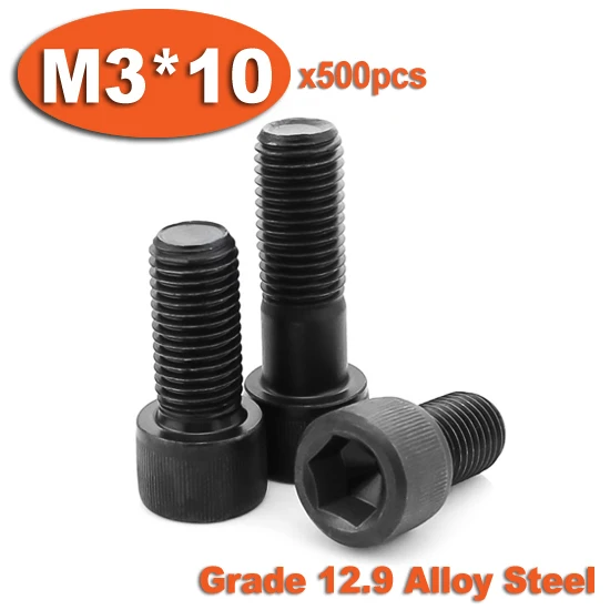 

500pc DIN912 M3 x 10 Grade 12.9 Alloy Steel Screw Black Full Thread Hexagon Hex Socket Head Cap Screws